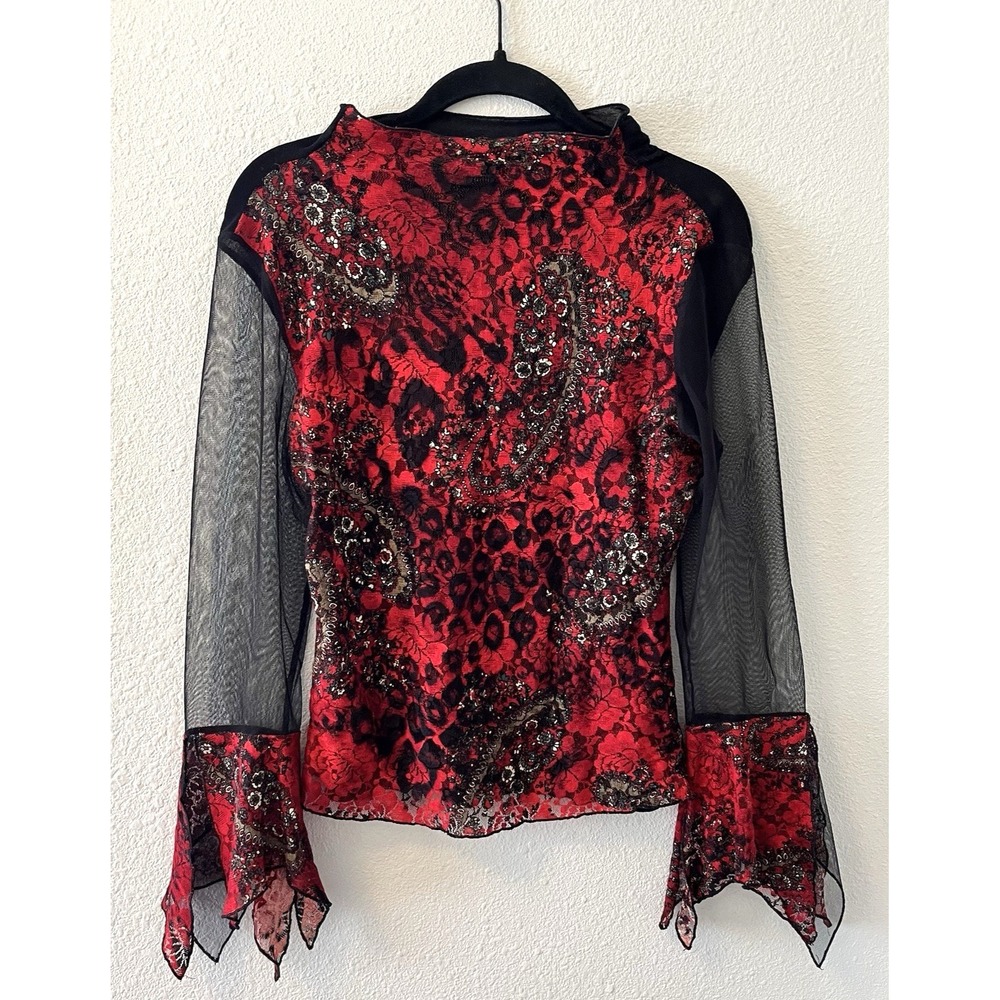 Vintage Y2K Women's Top Size 40 Black Red Lacey Whimsigoth Fairy Grunge Sheer